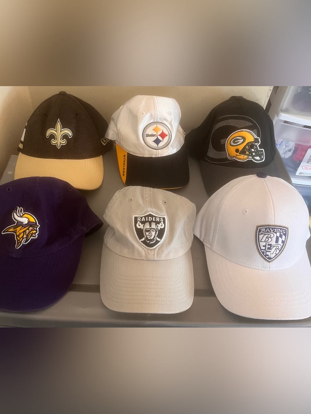 6 nfl football hat bundle adjustable b7 ravens raiders steelers vikings saints